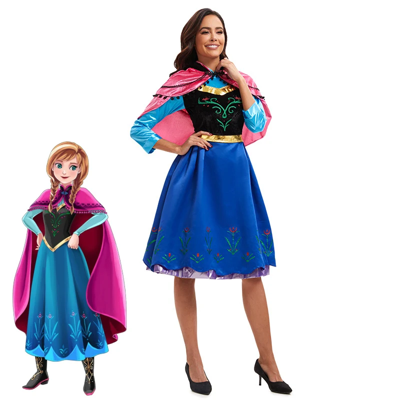 

Anna Cosplay Costume Frozen Princess Anna Adventure Outfit for Women Adult Cape Blue Dress Halloween Carnival Party Full Set