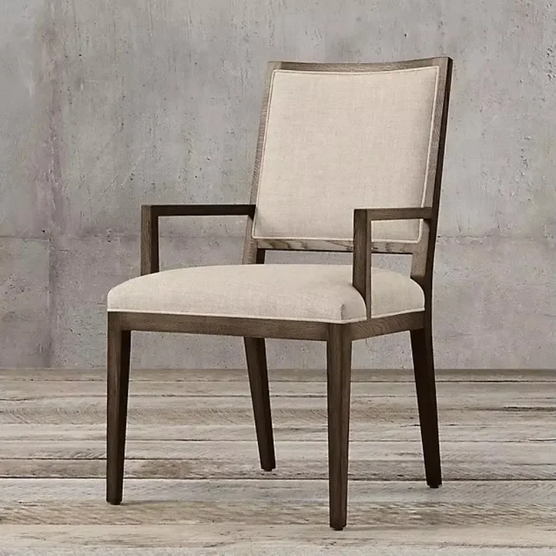 

French rural retro solid wood armrest dining chair, modern simple linen art book chair negotiation chair
