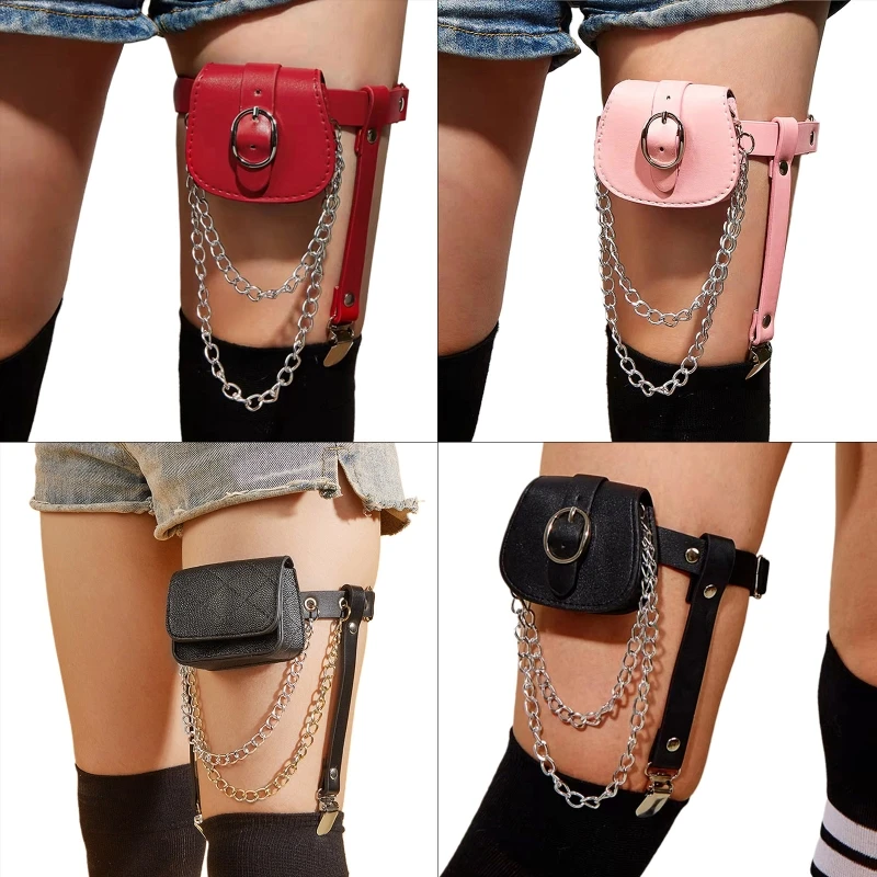 Women Punk PU Leather Belt with Mini Storage Bag Ladies Gothic Rock Leg Chain