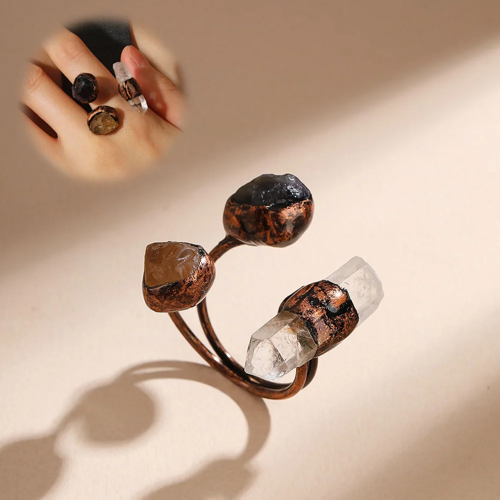 Vintage Classic Open Ring with White Quartz Citrine Black Tourmaline Bronze Bezel Setting Unisex Party Daily Wear 1Pcs for Women