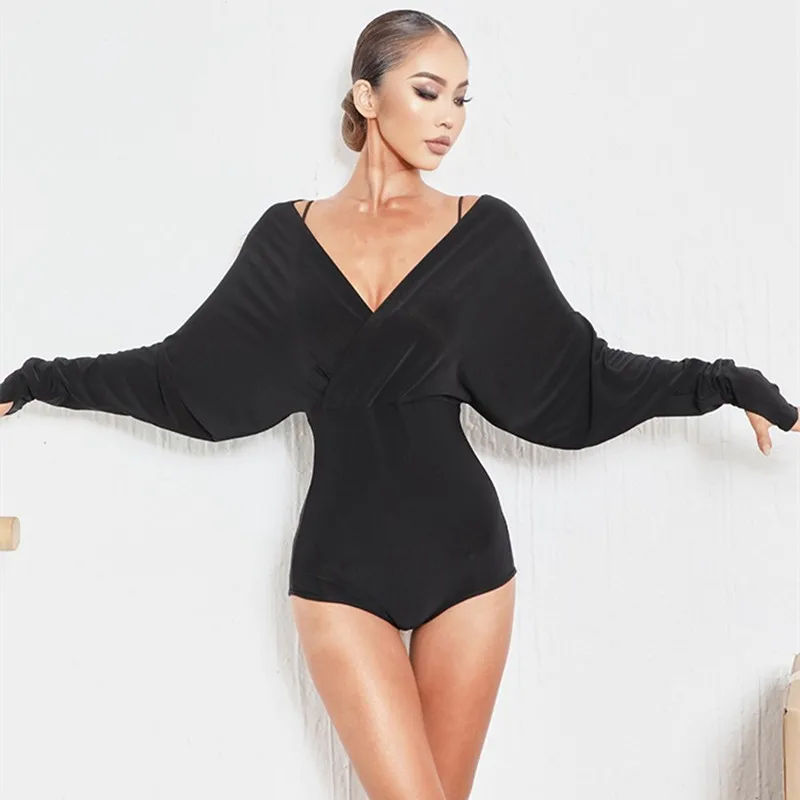 

Latin Dance Clothes Female V Neck Bat-Sleeves Bodysuit Women Latin Tops Black Practice Wear Samba Ballroom costume practice