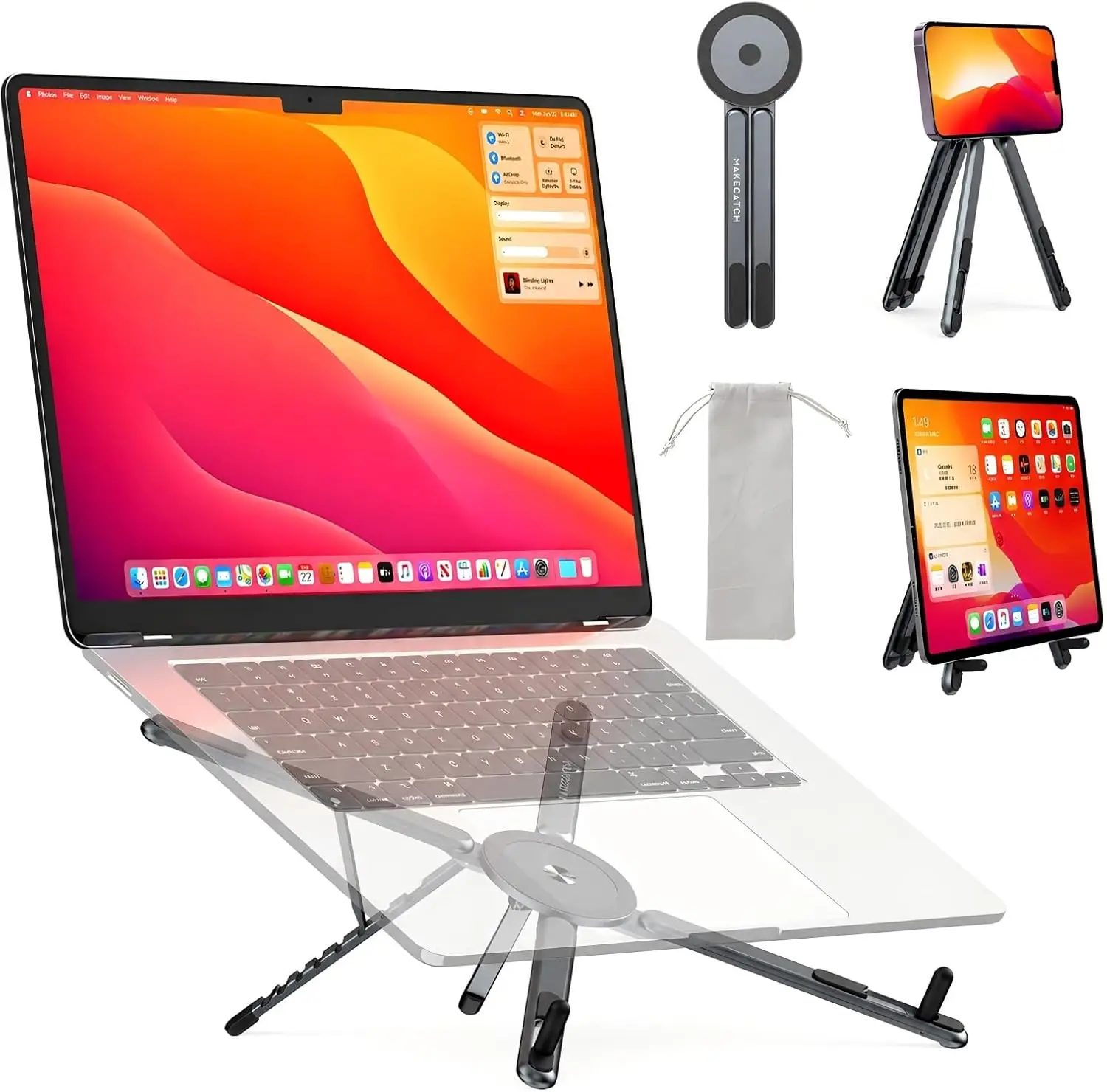 

3-in-1 Adjustable Laptop Stand for Desk, 8-Level Height & Angle, Aluminum Alloy, Fits 10-16" Laptops, 4-13" Phones & Tablets