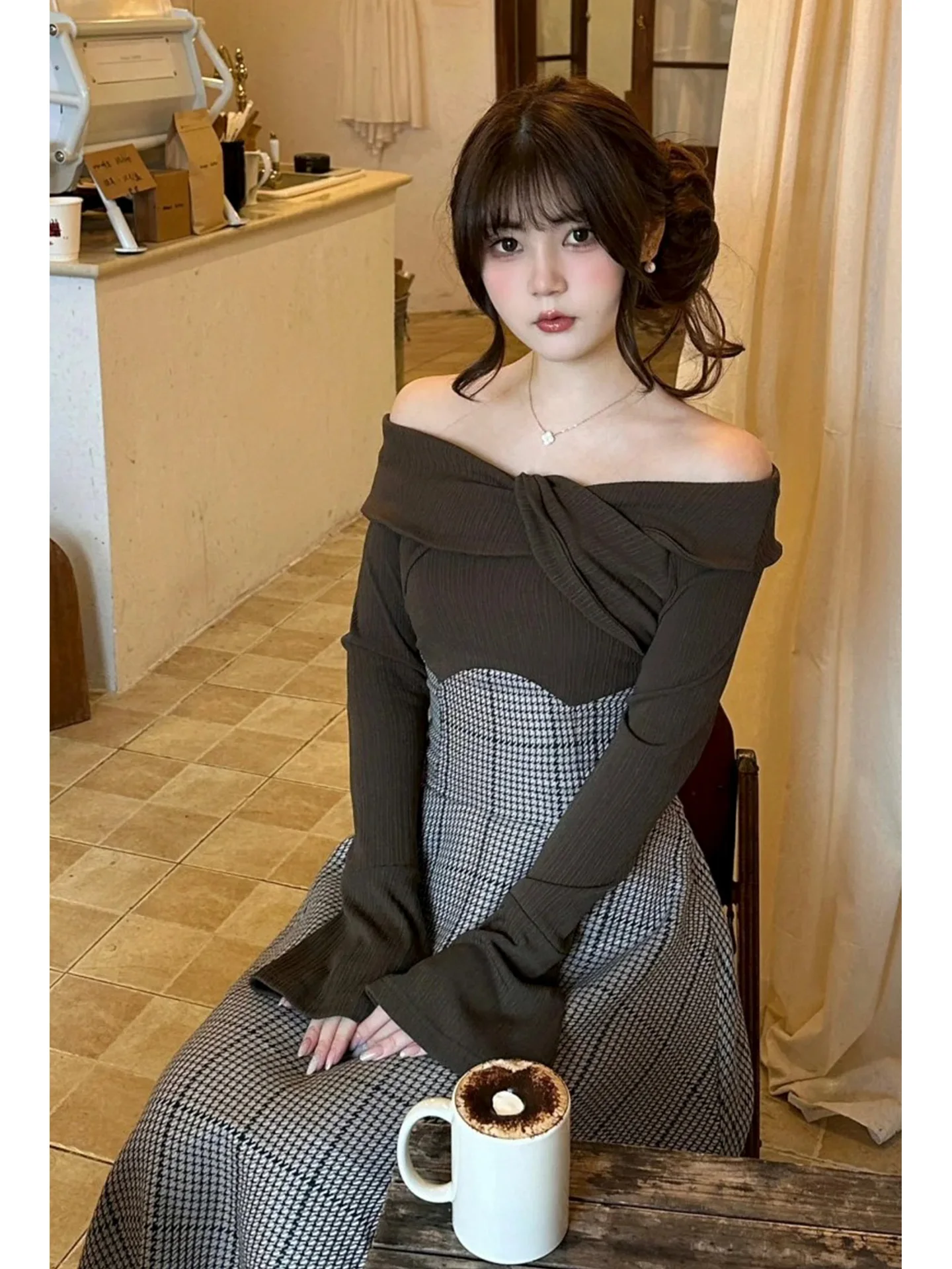 

Autumn Winter Plaid Knitted Dr Women's Casual Slim Fit Long Sve One oulder Bows Splicing Dr Girl's Polyester Fiber