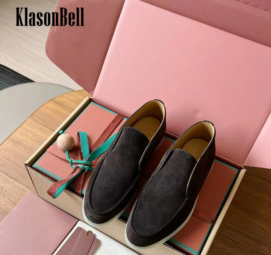 9.20 KlasonBell-Women Cow Suede Sneakers Sewing Round Toe Loafers Flat Sole Shoes Casual Genuine Leather Shoes