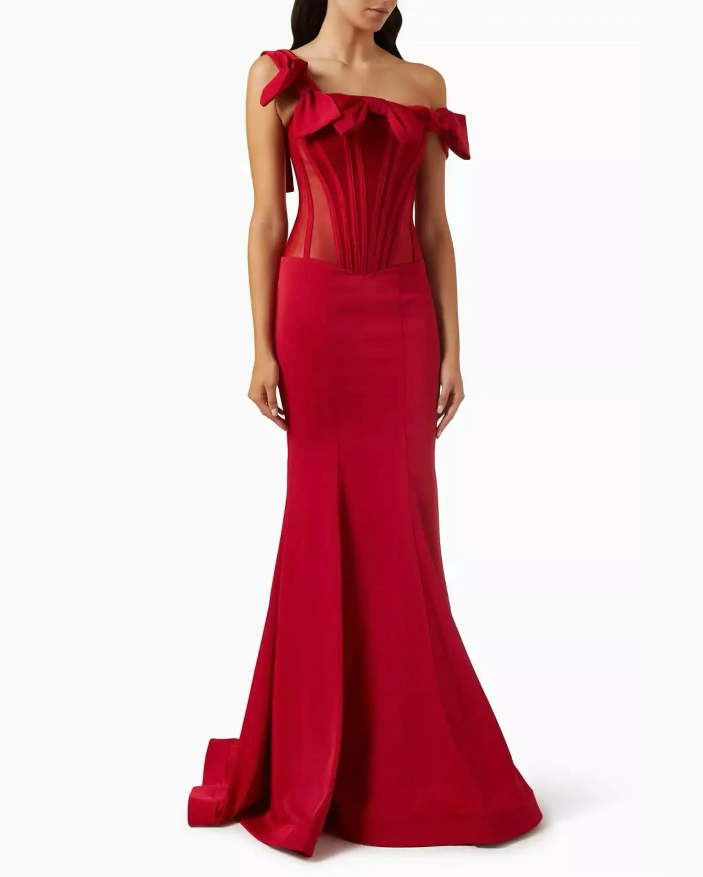 Customized Formal Bow Jersey Off the Shoulder Mermaid Red Evening Dresses Fashion  Short Sleeves Court Train Celebrity Gowns