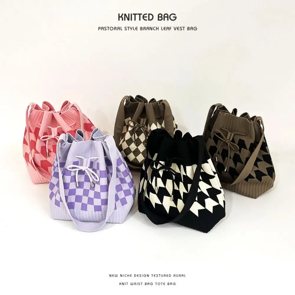 Bundle Pocket Houndstooth Bucket Bag Commute Handbag Diamond Drawstring Bag Large Capacity Soft Knitted Checked Shoulder Bag