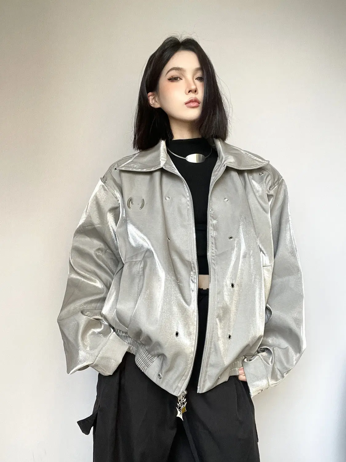

Bomber Jackets Womens Jacket Winter Autumn Satin Notched Color-Clashing Elegant Button-Down Sashes Chic Cleanfit Minimalist OL