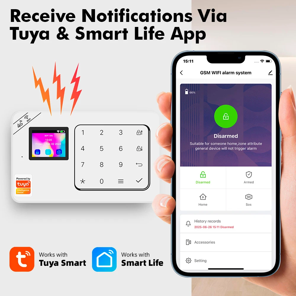 System alarmowy domowy Tuya Smart 4G WiFi Bezprzewodowy alarm bezpieczeństwa domu Ochrona przed włamaniem Antykradzieżowy czujnik ruchu PIR Sterowanie aplikacją