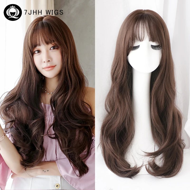 7JHH WIGS Loose Long Deep Wave Dark Brown Wig for Women Daily Use High Density Synthetic Layered Chocolate Hair Wigs with Bangs