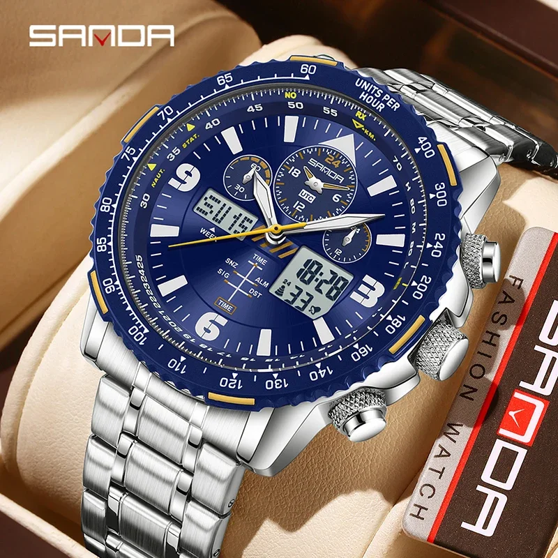 SANDA Fashion Casual Men's Quartz Watch Waterproof Night Light Multifunctional Stopwatch Timing Alarm Clock Man's Watch Cloc