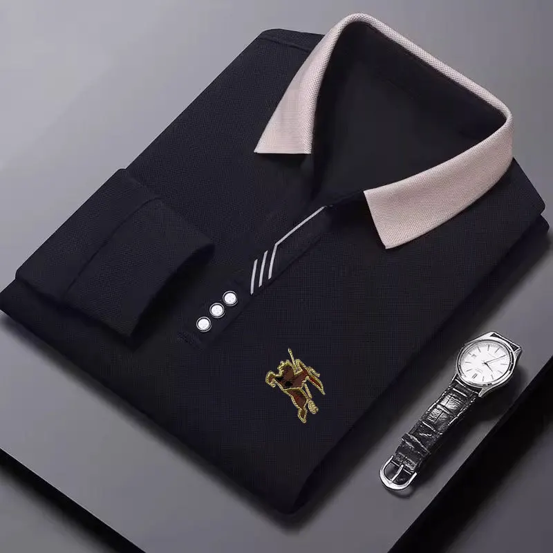 

New Polo Shirt with Warm Long Sleeves, High-end Pure Cotton Men's Polo Shirt, Fashionable and Simple Lapel Casual Base Top M-4XL