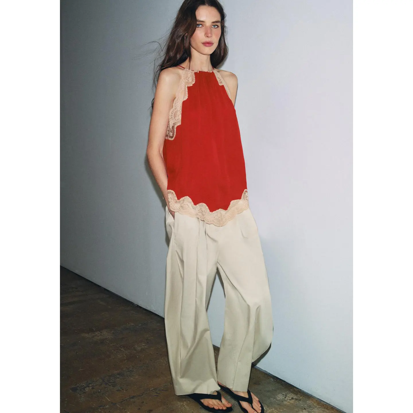 Summer New Women's Casual Style Color Block Lace Decoration Asymmetrical Hemline Neck Hanging Top Fashionable Slim Fit Polyes...