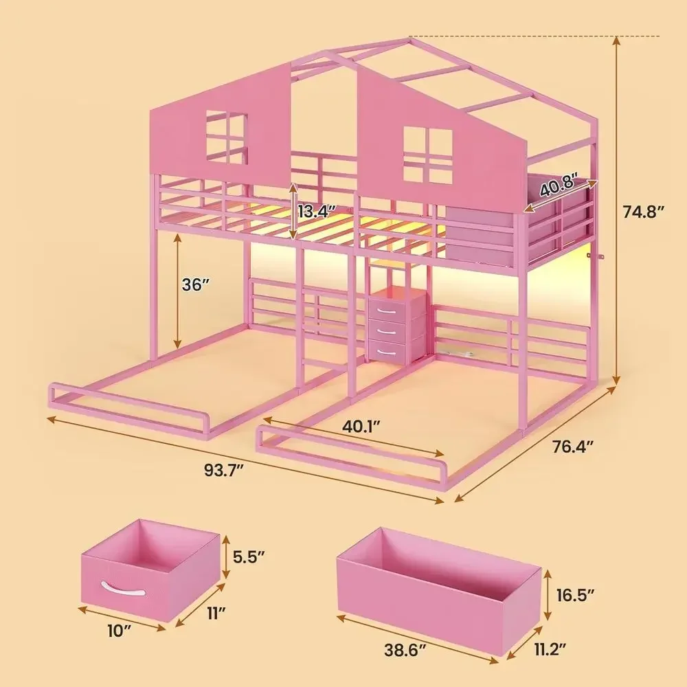 Triple Bunk Bed Twin Size with Playhouse, 4 Drawers, Charging Station, LED Lights, Safety Guardrail, and Play Curtain, Pink Meta