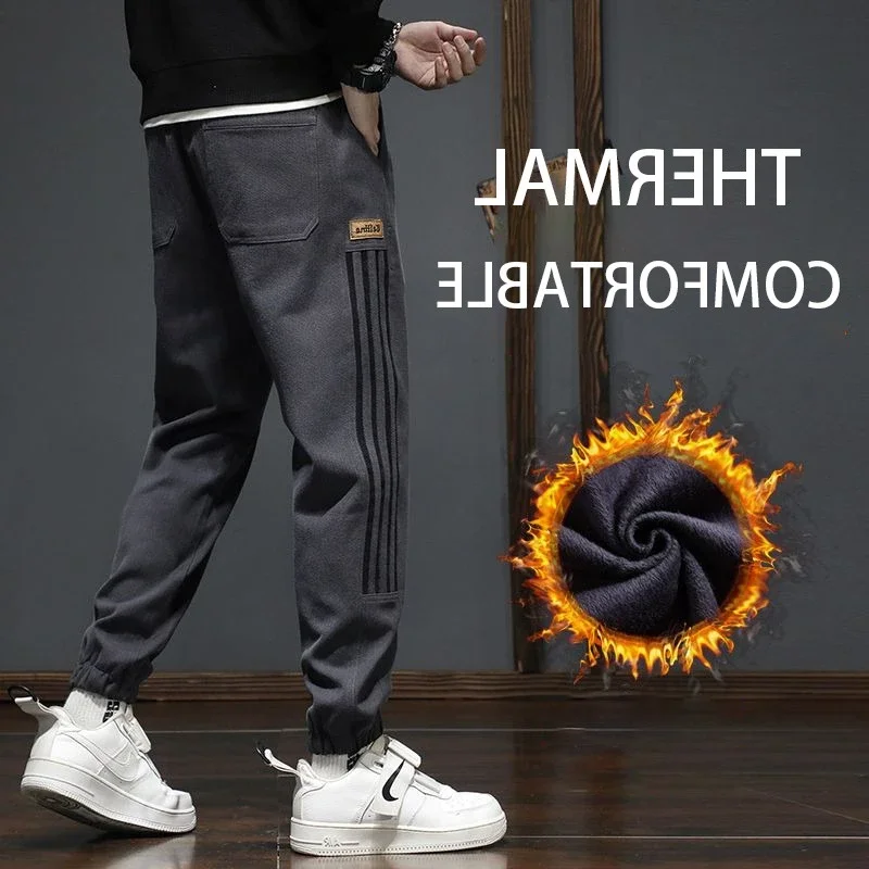 

Fashion Men Winter Warm Straight Leg Pants Male Fleece Lined Thickened Blazer Pants Daily Slim Fit Ankle Length Cropped Trousers