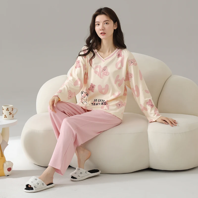 

Pajama Sets Leopard Print Women Fall Lavender Trimmed Edges Night Set Wrinkle Free Sleepwears Tie Front Three Quarter Sleeve Ins