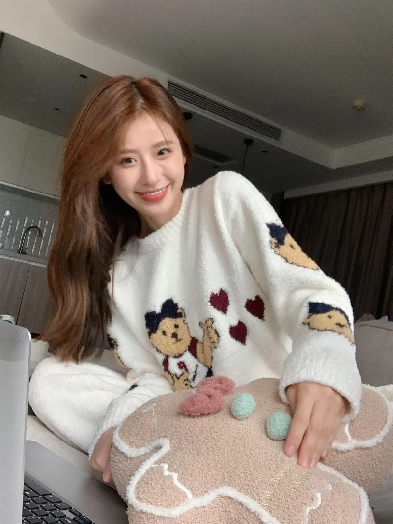 Japanese Kawaii Bear Print Soft Pajama Sets O-neck Pullover Long Sleeve Trousers Homewear Suit Autumn Winter Casual Sleepwear