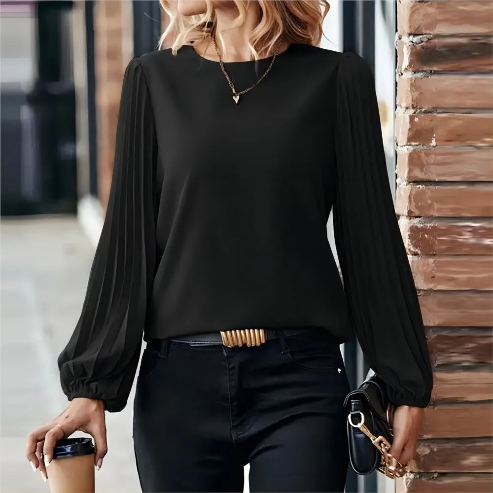 Elegant Office Lady Shirt 2024 Autumn Women Pleated Long Sleeve Shirt Fashionable Round Neck Retro Solid Color Casual Blouse Top