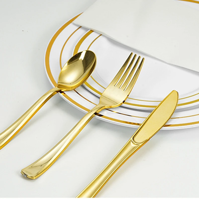 1 Set Rolled Gold Plastic Silverware Wrapped  With Forks, Knives, Spoons, White Napkins