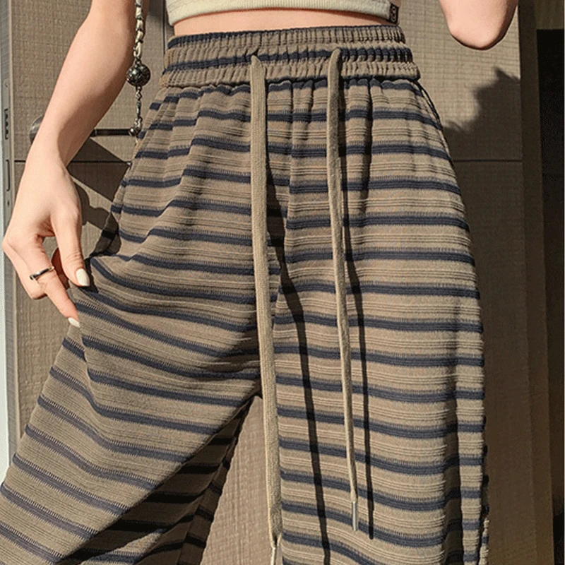 Summer Elegant Fashion Korean Style Women's Clothing Striped Knitting Retro High Waist Loose Casual Drawstring STRAIGHT Pants images - 6