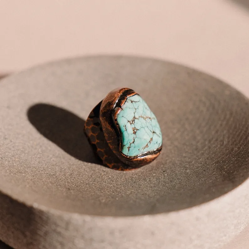 YEEVAA Chunky Turquoise Ring, Bronze Ring, Handmade Jewelry Gift