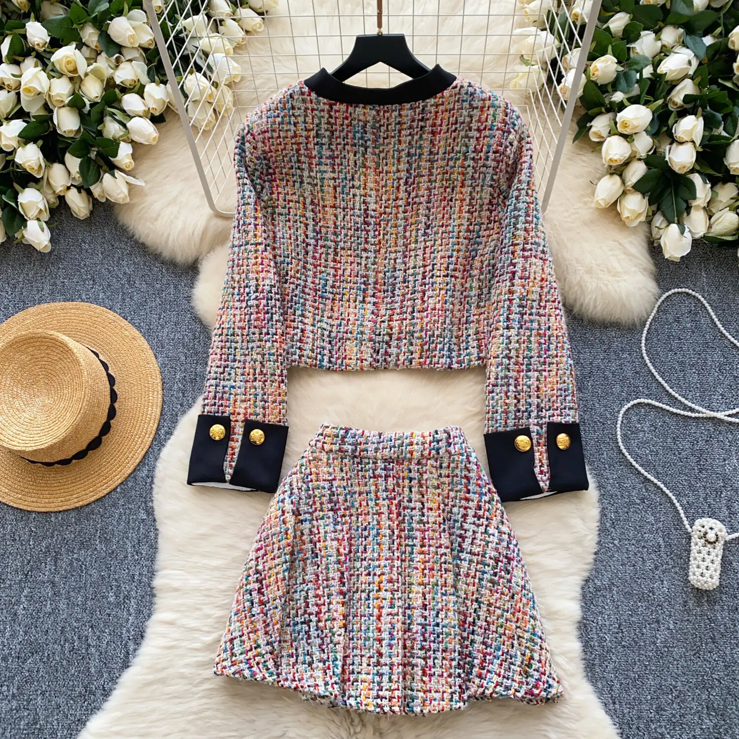 Hoge kwaliteit Franse tweed tweedelige set dame zoete mode korte jas jas + rok 2-delige sets damesoutfit conjuntos cortos