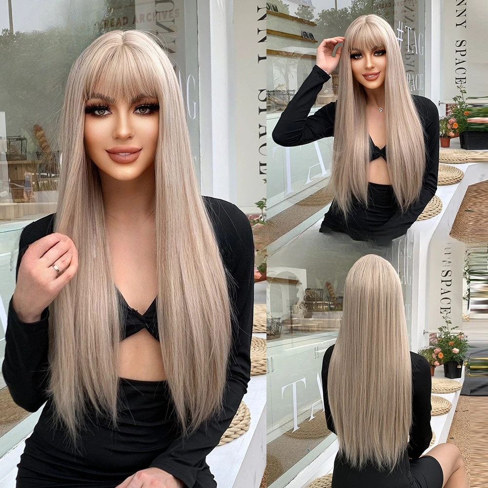 

European and American style wig female long straight hair Qi bangs gray gold wig cover realistic natural wigs