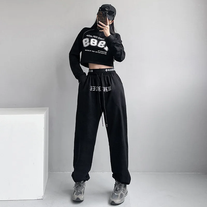 

2023 Street Dance Sports Clothe Female Loose Bundle Feet Niche Sanitary Pants Tide Brand Trousers Jazz Dance Leisure Sports Suit