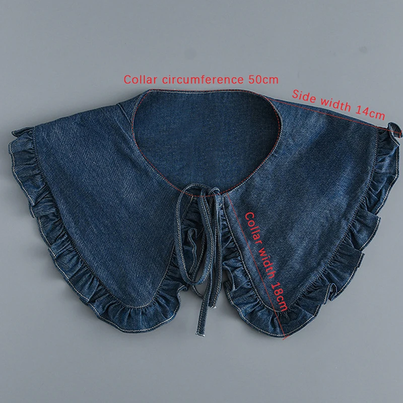 Gola jeans lavada para mulheres, renda plissada, colarinho falso na moda