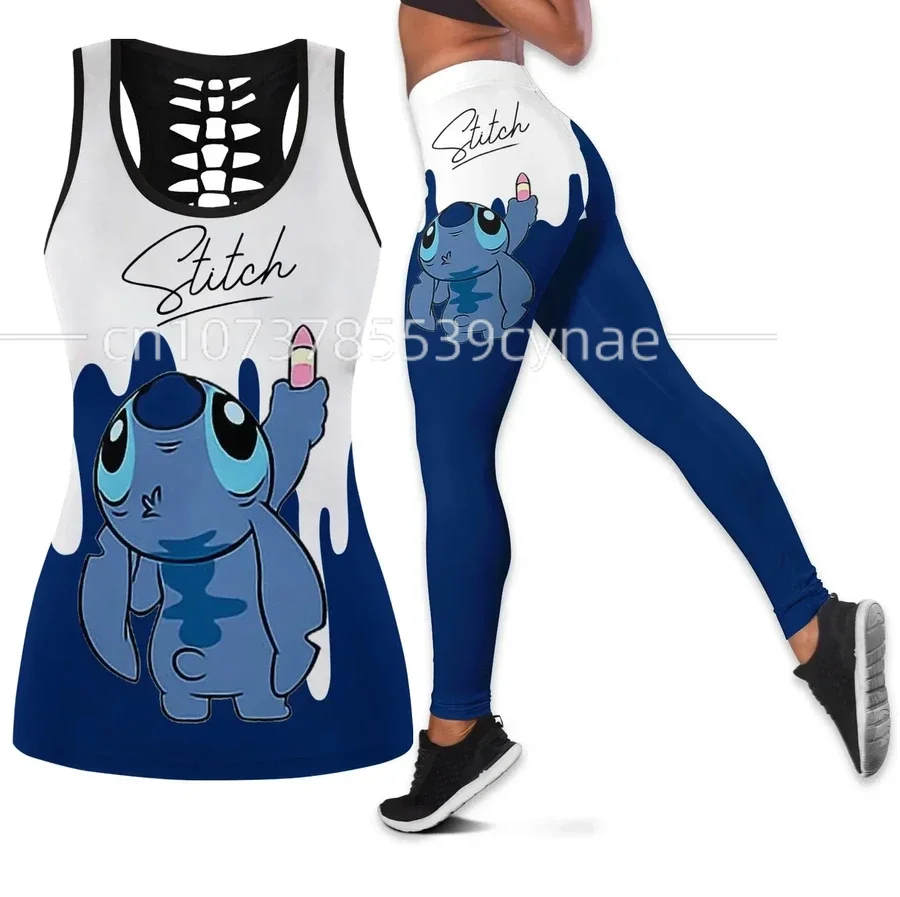 Disney Stitch Women\'s Book Hollow Tank Top+Women\'s Leggings Yoga Wear Fitness Leggings Sports Suit Disney Tank Top Leggings Suit