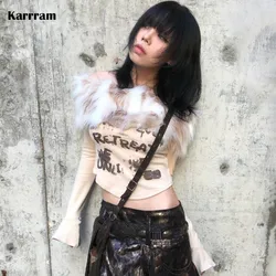 Karrram Japanese Y2k Fur Tops Vintage Harajuku Off Shoulder T-shirt Grunge Aesthetics Graffiti Print Long Sleeve Crop Tops 00s