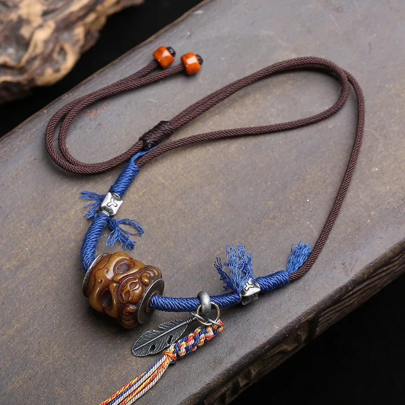 Backflow Bone Copper Inlaid Great Peng Bird Pendant Clavicle Tibetan Silver Accessories Braided Rope Sweater Chain