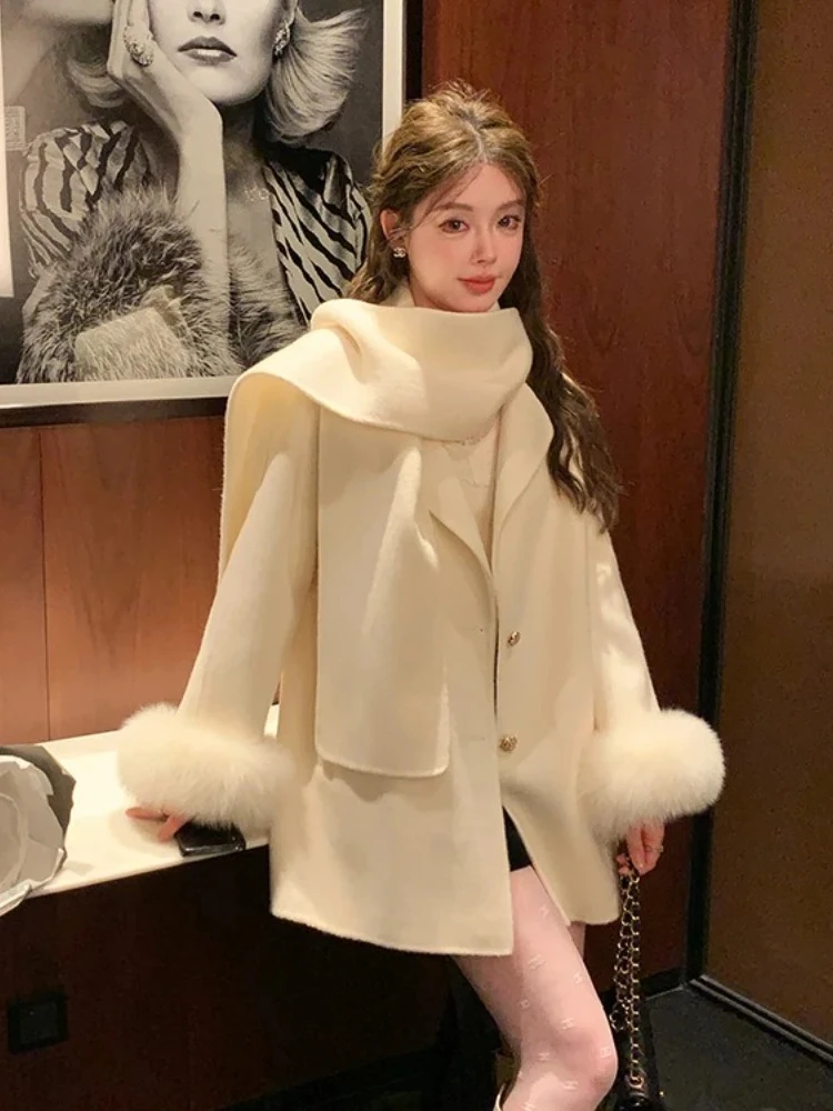 

Scarf Mid-length Warm Cashmere Woolen Jacket Real Fox Fur Cuff 100% Wool Coat Female New Autumn Winter Clothing Women