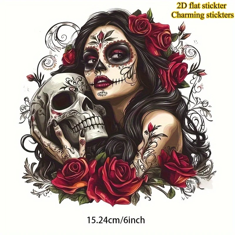 1pc 2D Flat Gothic Sugar Skull Lady Red Rose Waterproof Vinyl Sticker For Car Window Body Decor