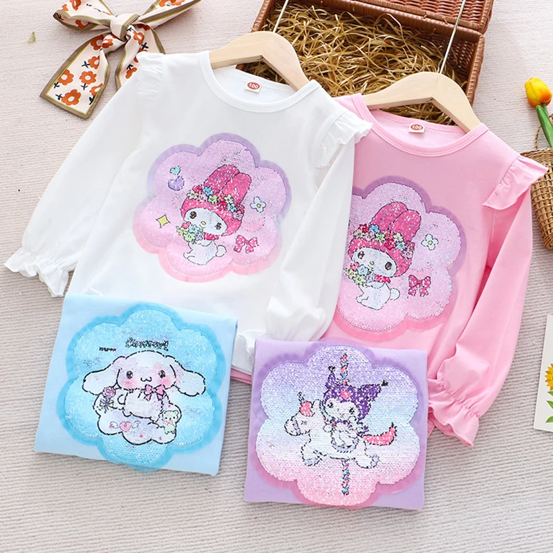 

2024 My Melody Girls T-Shirt Sanrio Kawaii Anime Kuromi Cinnamoroll Long Sleeve Summer Sweet Cute Cartoon Babys Tops Kid Gift