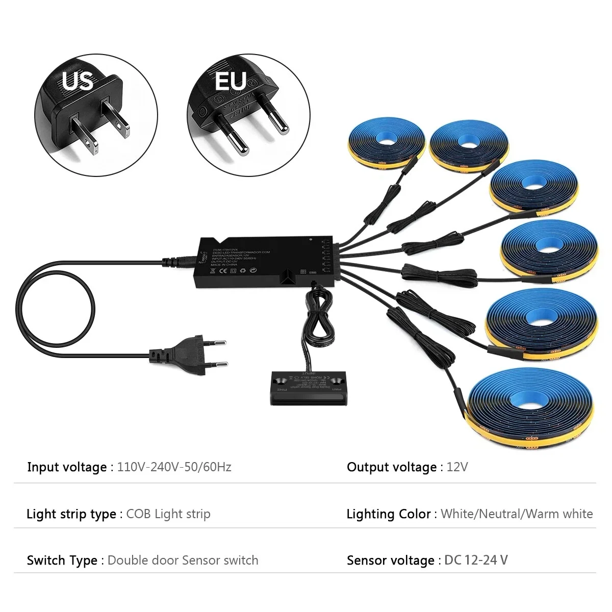 1-10PCS 12V Black COB LED Strips With Smart Double Door Sensor Switch Cabinet Light Set for Kitchen Under Cabinet Wardrobe