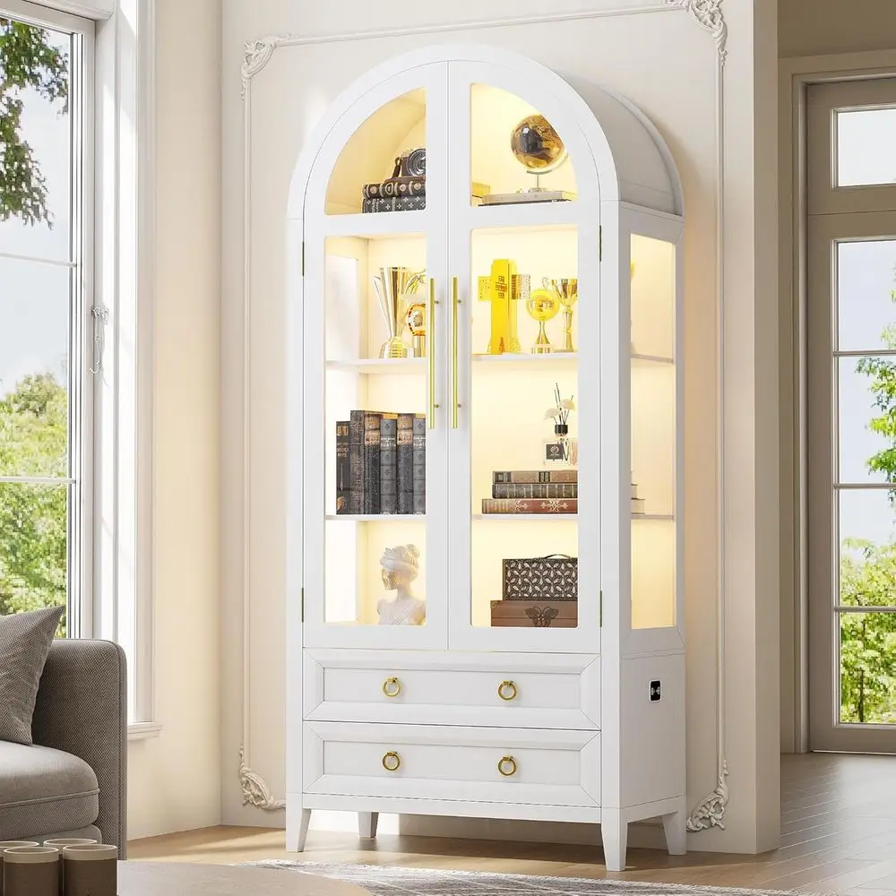 71 White Arched Glass Door Display Cabinet with LED Lighting & Human Sensor for Living Room
