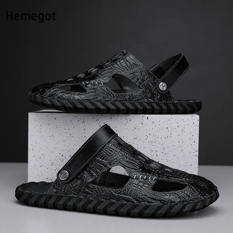 Summer Leather Men's Sandals Baotou Dual-Purpose Soft-Soled Sandals Outerwear Driving Beach Business High-End Casual Sandals