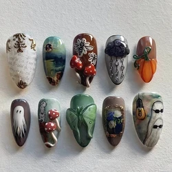 Handmade Press On Nails Halloween Carnival Horror Theme 3D Medium Almond Fake Nails Cute Ghost Design Art DIY Nails with Set