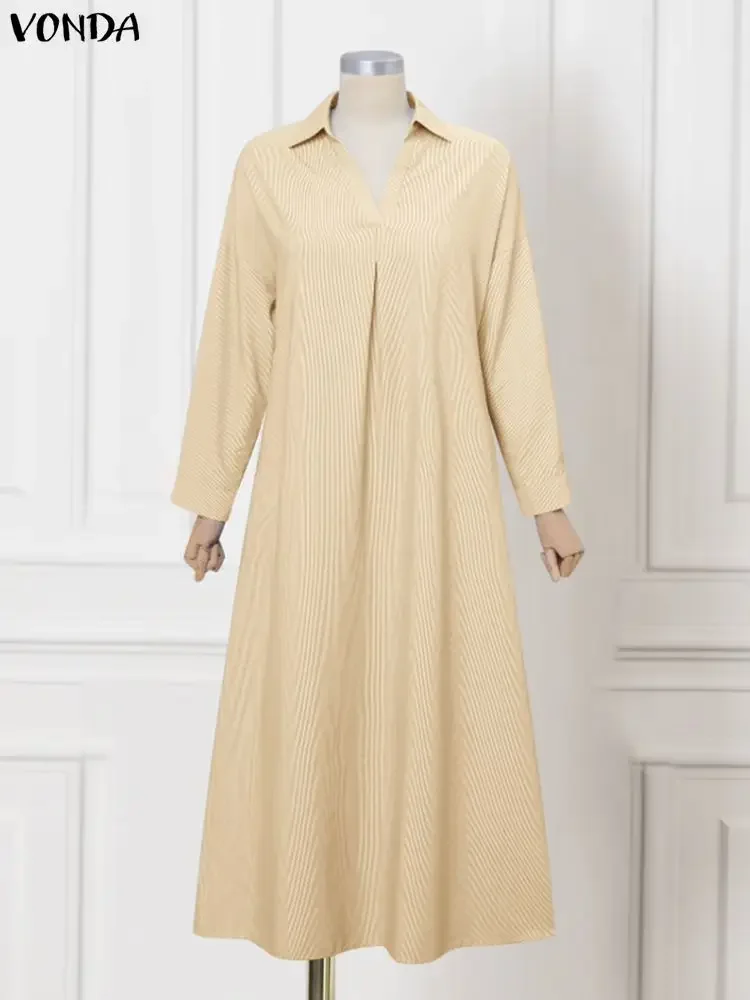 VONDA Moda Causale Abiti Manica Lunga Con Scollo A V Camicia Lunga da Donna Vestito Estivo 2025 Autunno Con Scollo a V Elegante Streetwear Maxi Abiti