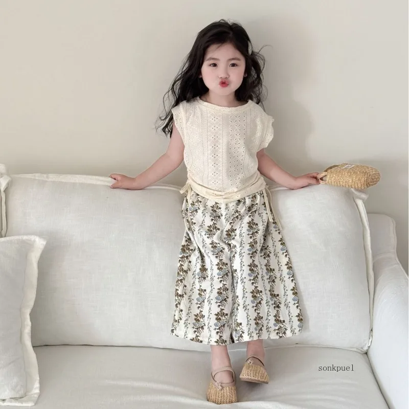 2pc Summer Children's Outfit for Girls Hollow-out Vest with Floral Wide-leg Pants Two-piece Set Stylish Casual Wear for Kids