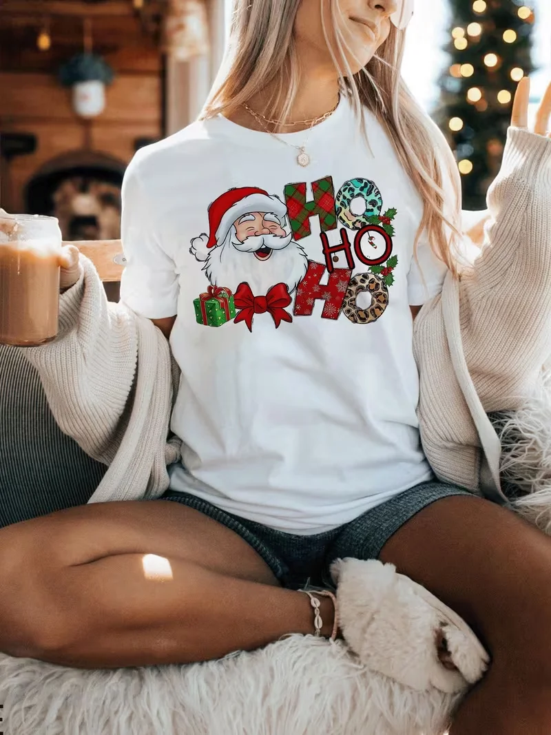 Ho Ho Ho Santa Claus T Shirt Women Graphic Tees Holiday Party Wear Festive Casual Celebration Daily Home Outfits Top