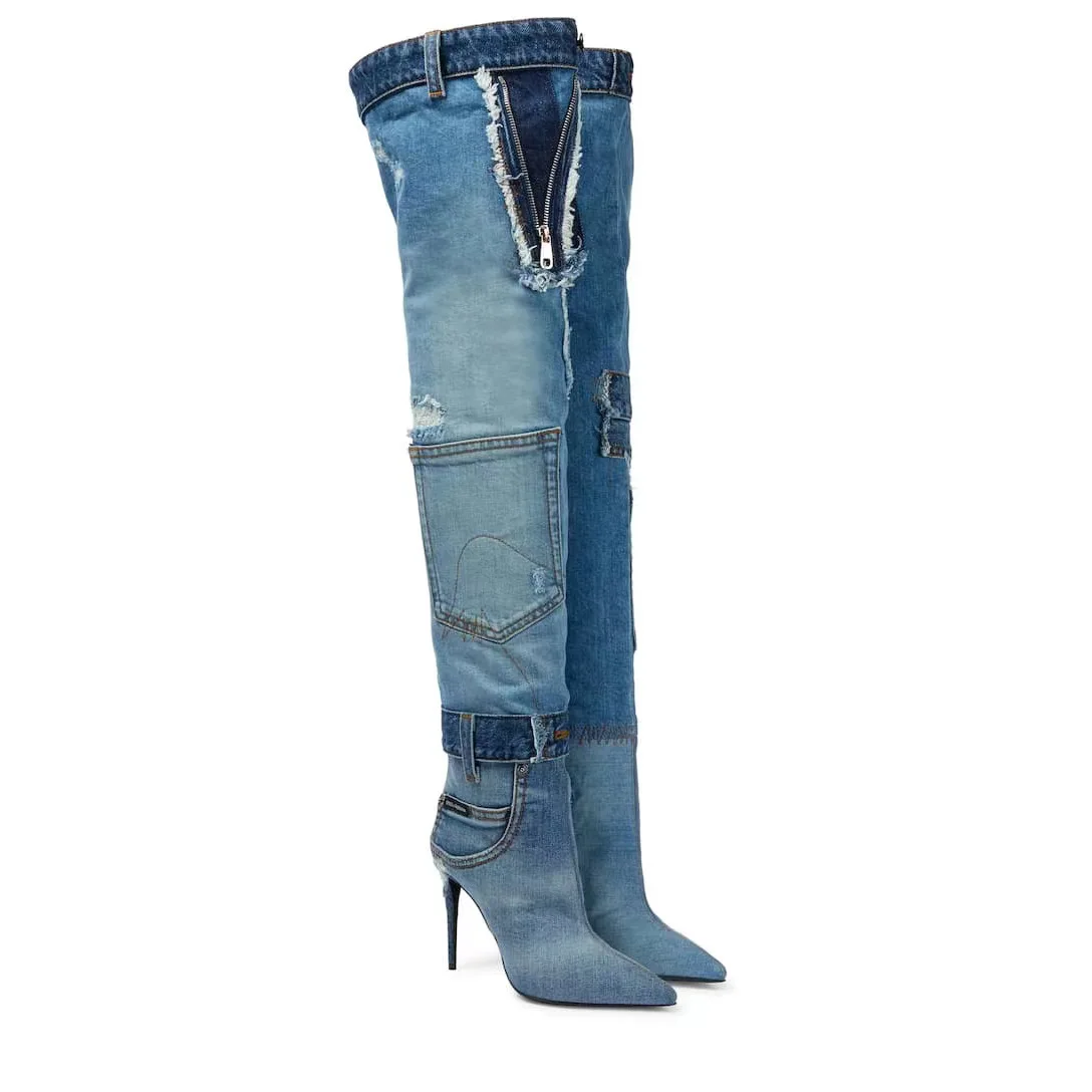 Winter New Arrivals Warm Fleece Blue Denim Over-the-Knee Boots Stiletto Heel Pocket Pointed Toe Zipper Women\'s Shoes