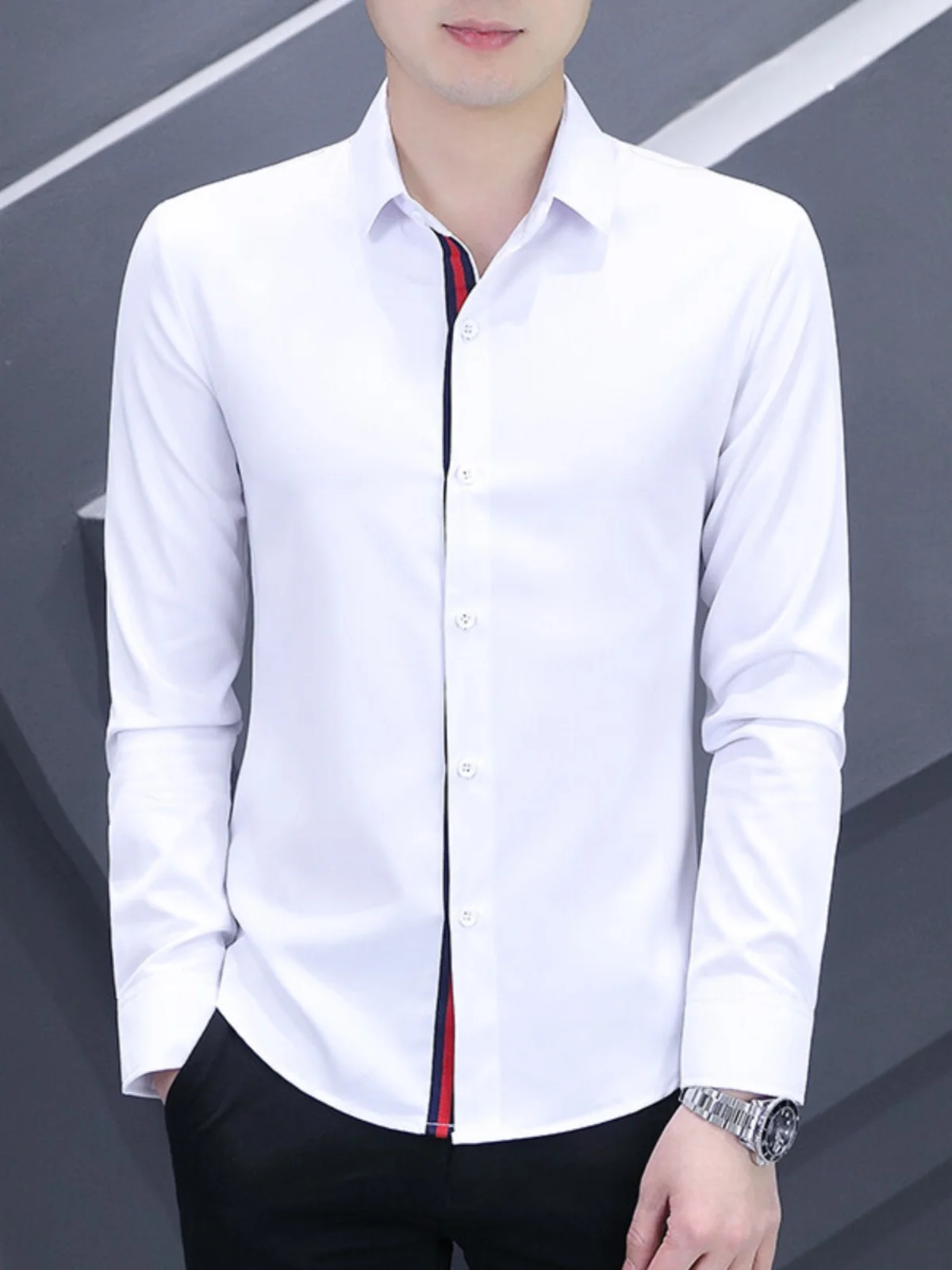 

White Long Sleeve Men's Shirt Spring Autumn Casual Fashionable Slim Fit Business Casual Workwear Elegant Striped Shirt