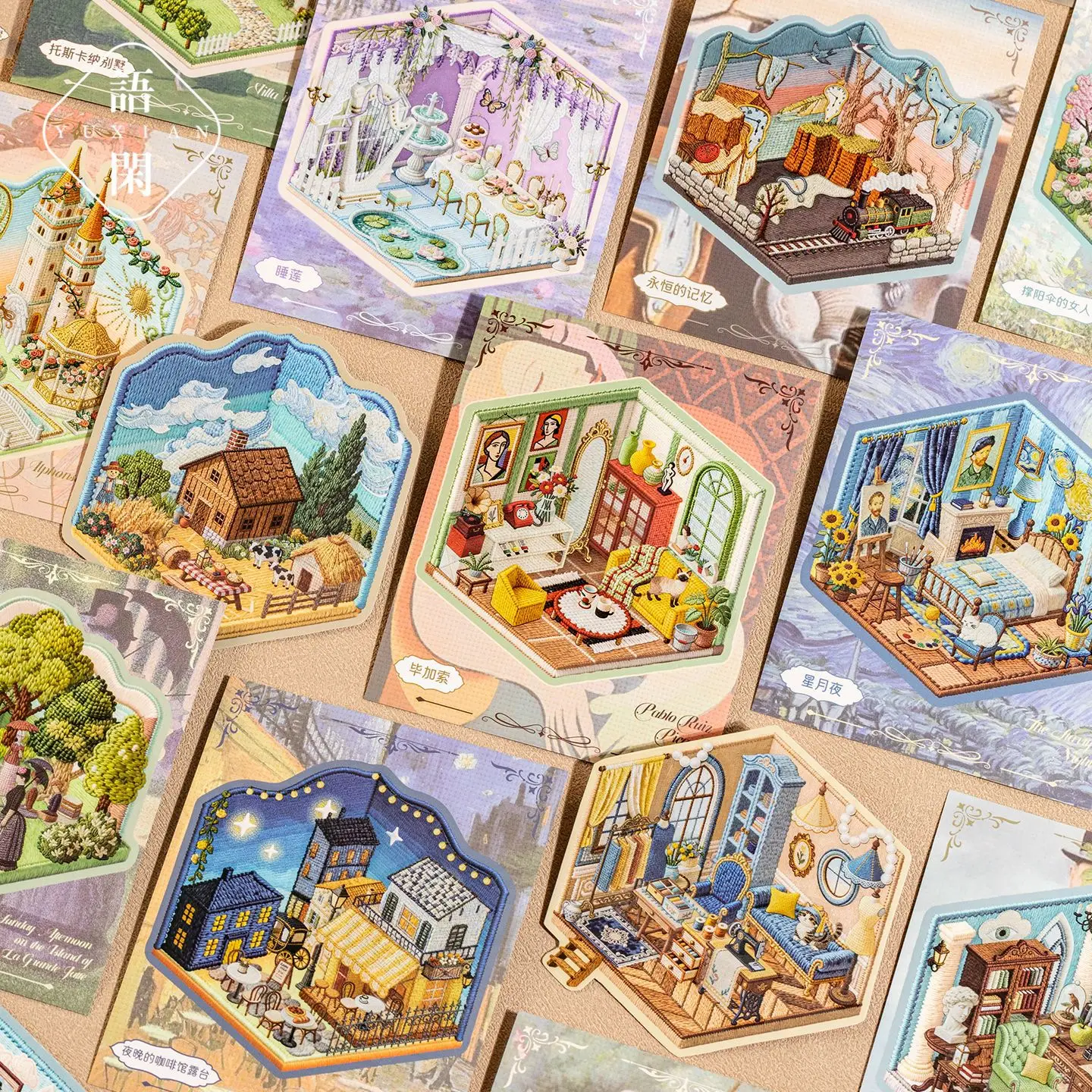 3D Layered Micro World Scene Sticker Book, Vintage Sim Embroidery Style Interior & Train Landscape Stickers, White Ink PET Stick