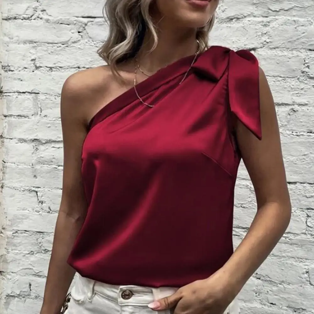 Ärmellose glatte Satin Frauen Top sexy eine Schulter Bowknot Pullover Top weibliche Kleidung elegante Bluse Ropa de Mujer топ женский