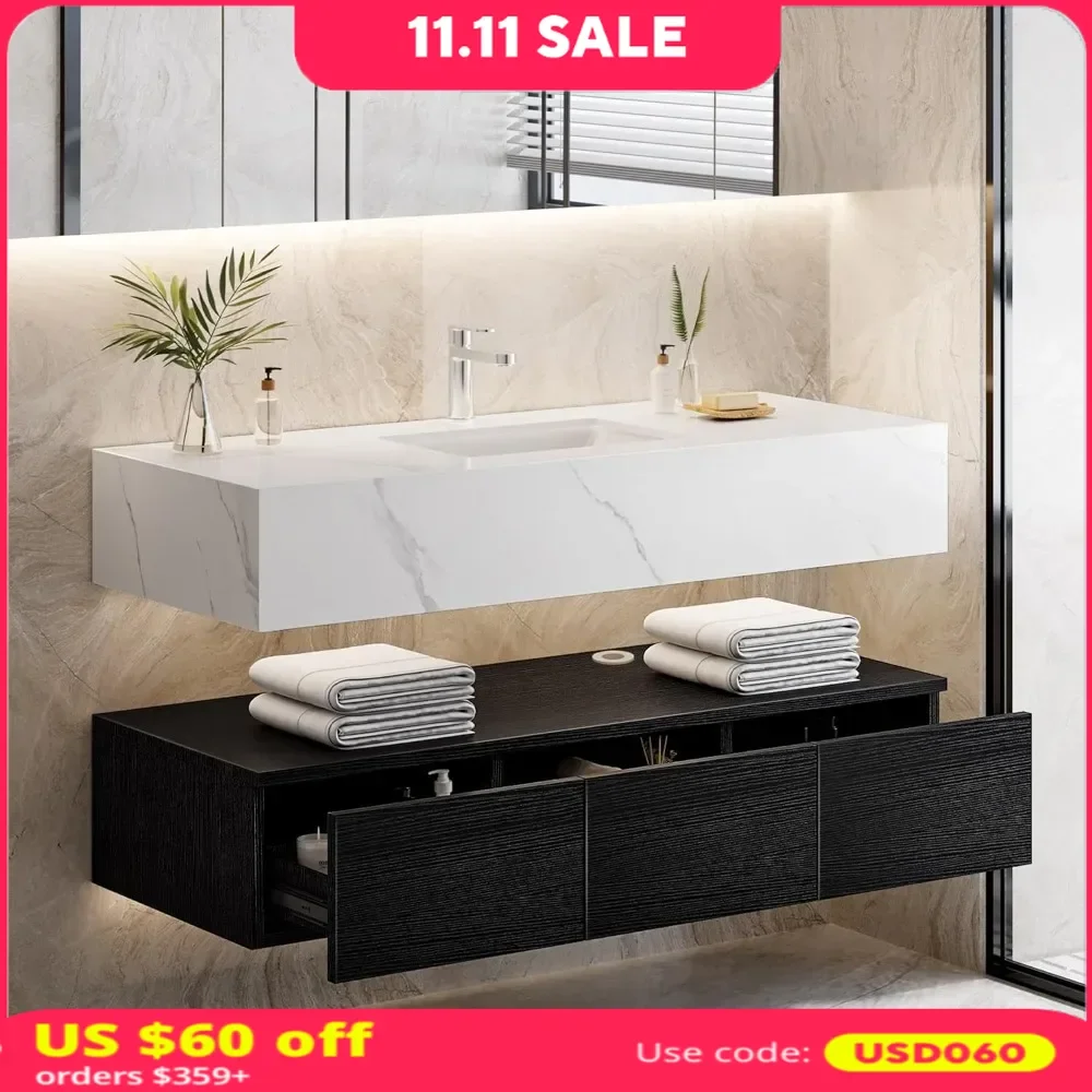 

48 Inch Floating Vanity,with Sintered Stone Countertop, Ceramic Basin Sink and 3 Drawers,Wall Mounted Vanity