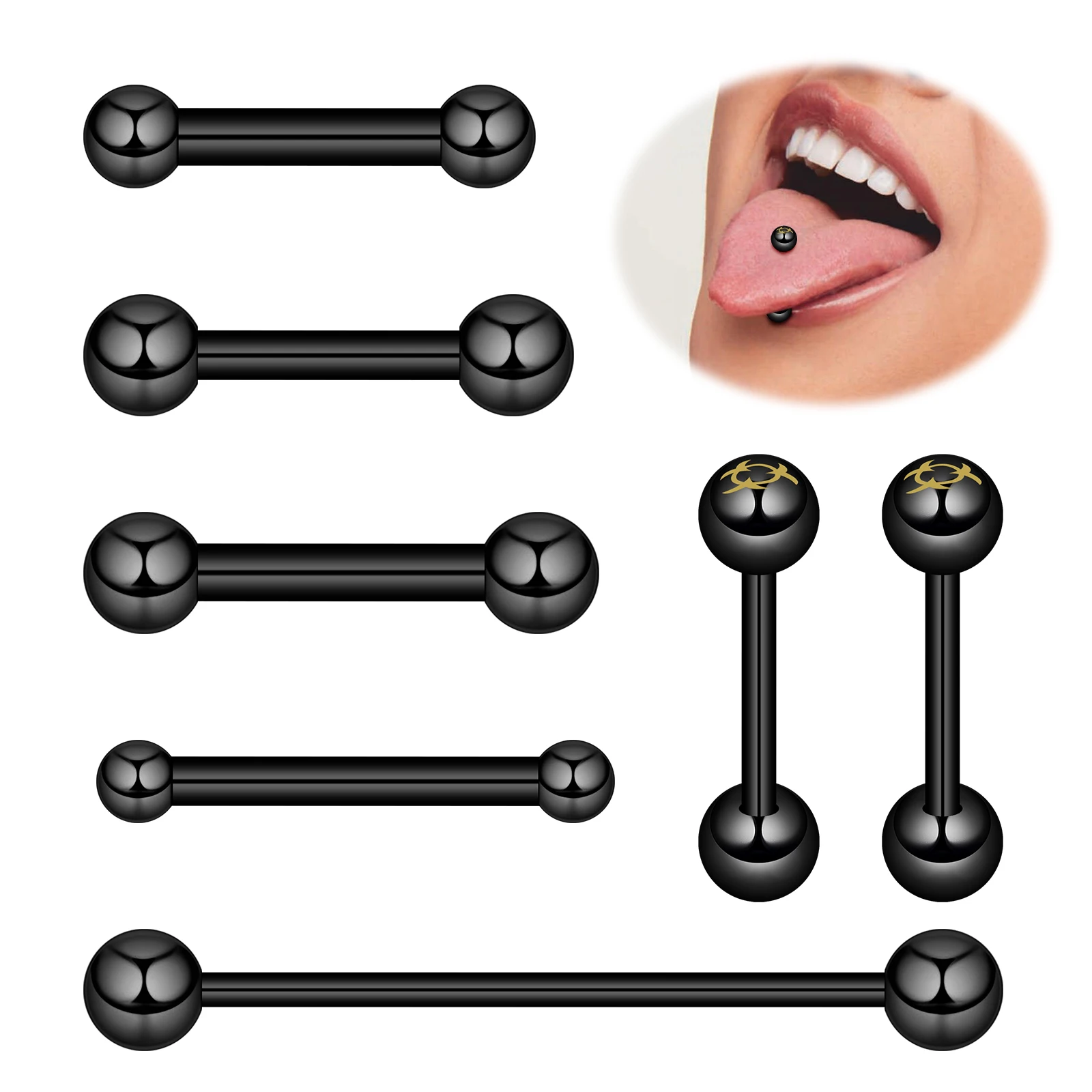 1PC 316L Titanium Steel Tongue Piercing Black Multi Size Tongue Ring Ear Cartilage Nail Personalized Punk Piercing Jewelry