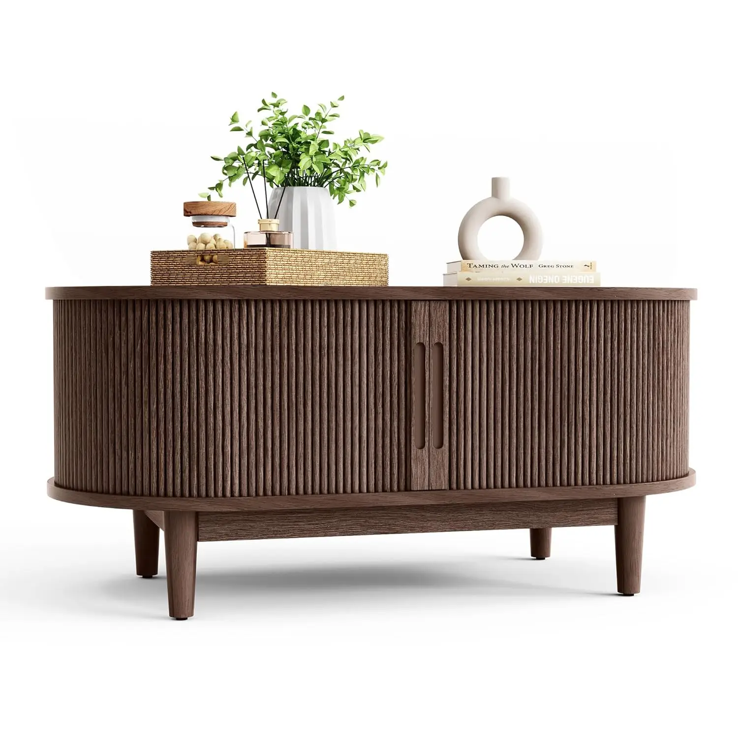 

Mid Century Modern Coffee Table Sliding Tambour Door Fluted Storage Oval Small Living Room Walnut Customized
