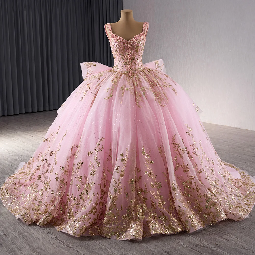 Princess Pink Spaghetti Straps Lace Quinceanera Dresses 2024 Princess Lace Up Sequins Sweet 15 Years Girl Birthday Party Dresses