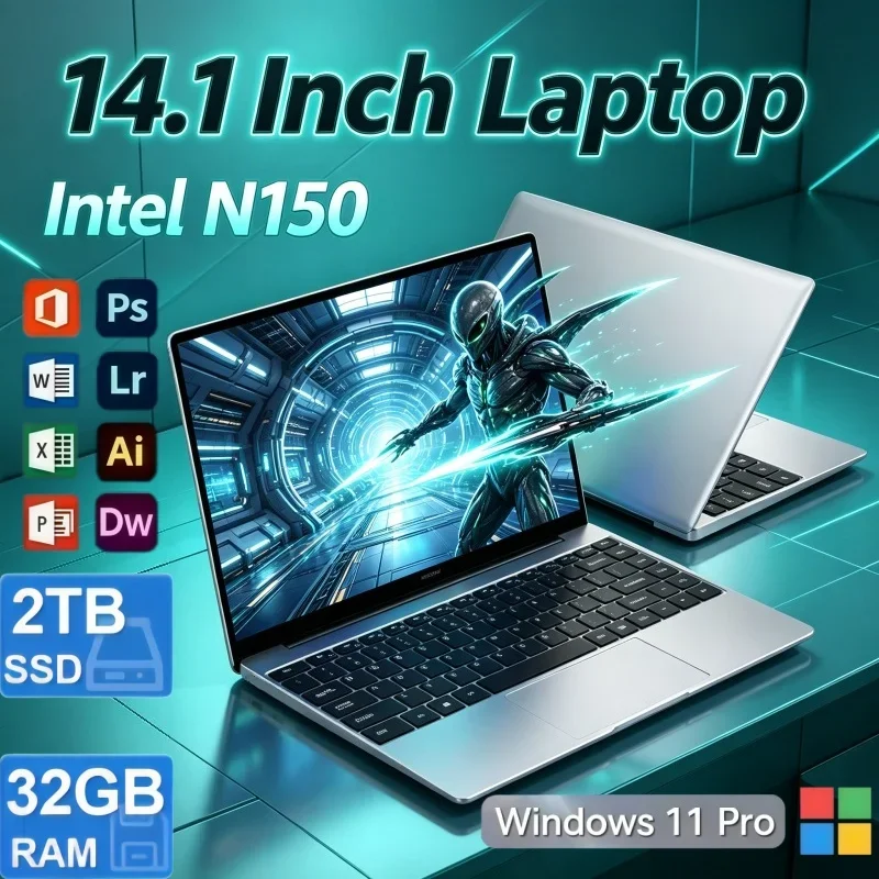 14.1 Inch Light Slim Notebook Intel N150 32GB RAM 2TB SSD Windows 11 Laptop For Student Learning Daily Office Casual Game